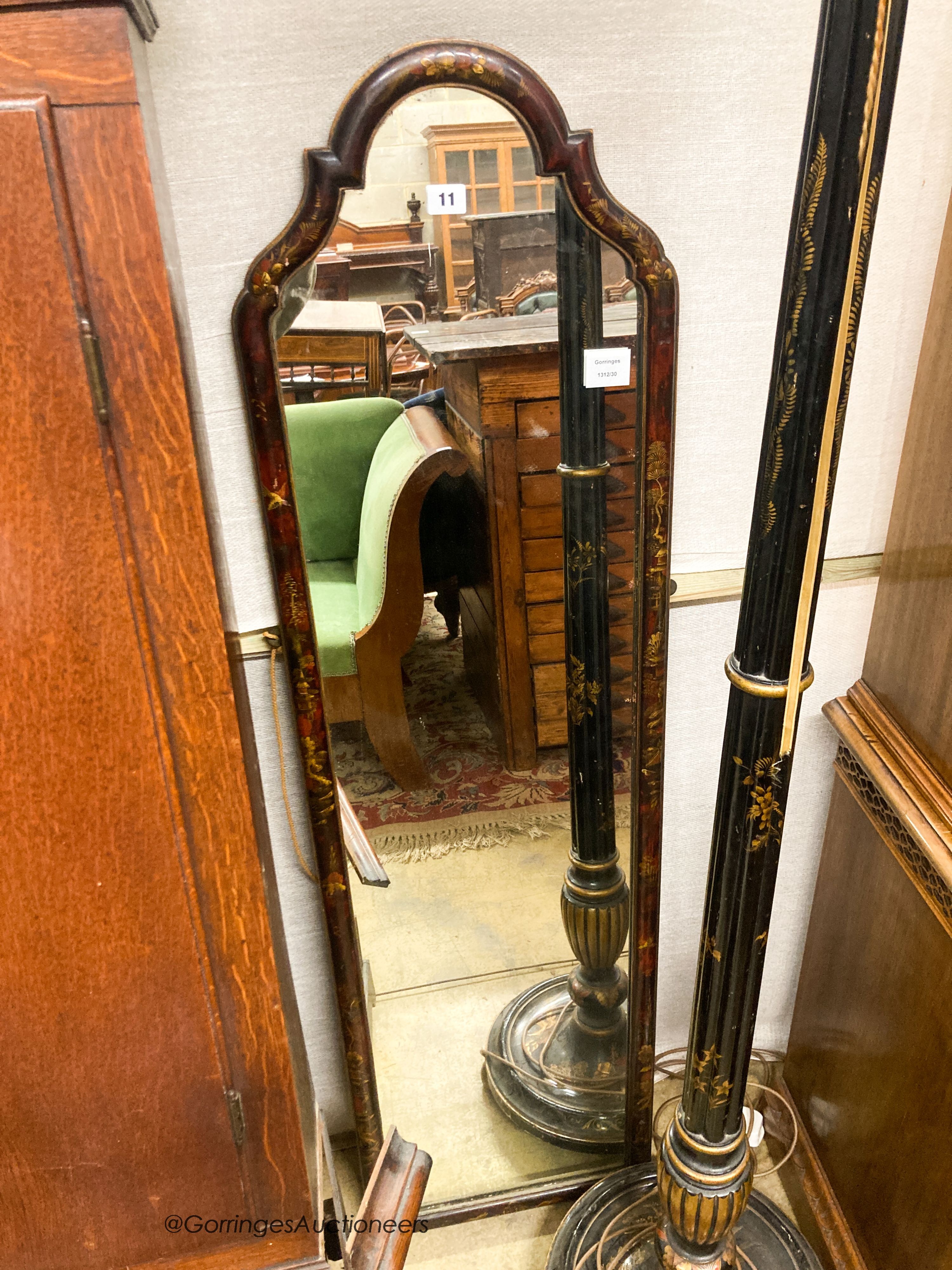 A 1930's lacquered lamp standard and a chinoserie lacquer robing mirror, W.38cm H.138cm